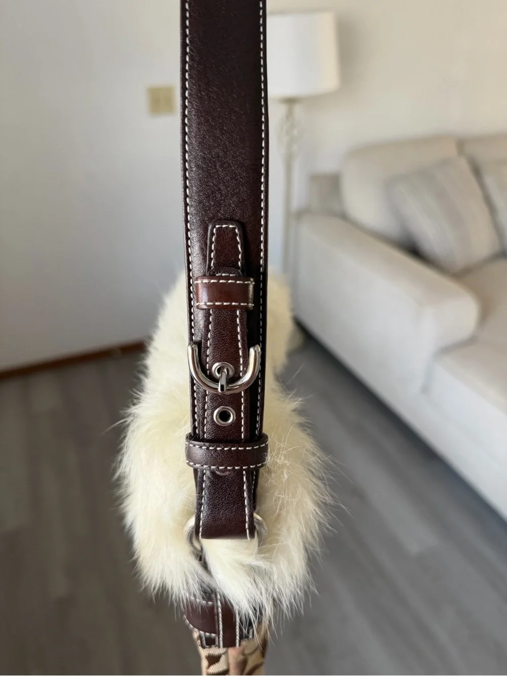 Vintage y2k Coach Brown Signature Canvas Shoulder Bag with Cream Fur Trim